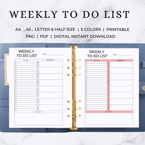 May include: A printable weekly to-do list planner in A4, A5, letter, and half sizes. The planner has a simple design with a checklist, schedule, and notes section. The planner is available in five colors.