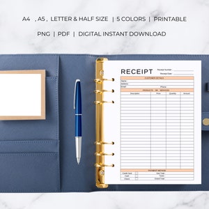 Peut inclure: Un mod&egrave;le de re&ccedil;u imprimable dans un classeur blanc avec des anneaux dor&eacute;s. Le mod&egrave;le comporte des sections pour les coordonn&eacute;es du client, les produits ou services et les modes de paiement. Le mod&egrave;le est disponible en cinq couleurs.