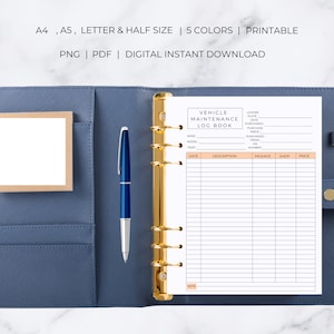 Pode incluir: Um livro de registro de manuten&ccedil;&atilde;o de ve&iacute;culos imprim&iacute;vel em uma pasta azul com argolas douradas. O livro de registro tem se&ccedil;&otilde;es para a marca, o modelo, o ano, a data, a descri&ccedil;&atilde;o, a quilometragem, a loja e o pre&ccedil;o. O livro de registro tamb&eacute;m tem uma se&ccedil;&atilde;o para a placa, a data de compra, o pre&ccedil;o de compra e o n&uacute;mero de compra.