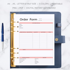 May include: Printable order form template with sections for customer details, order details, notes, and shipping details. The form has a pink and white color scheme.