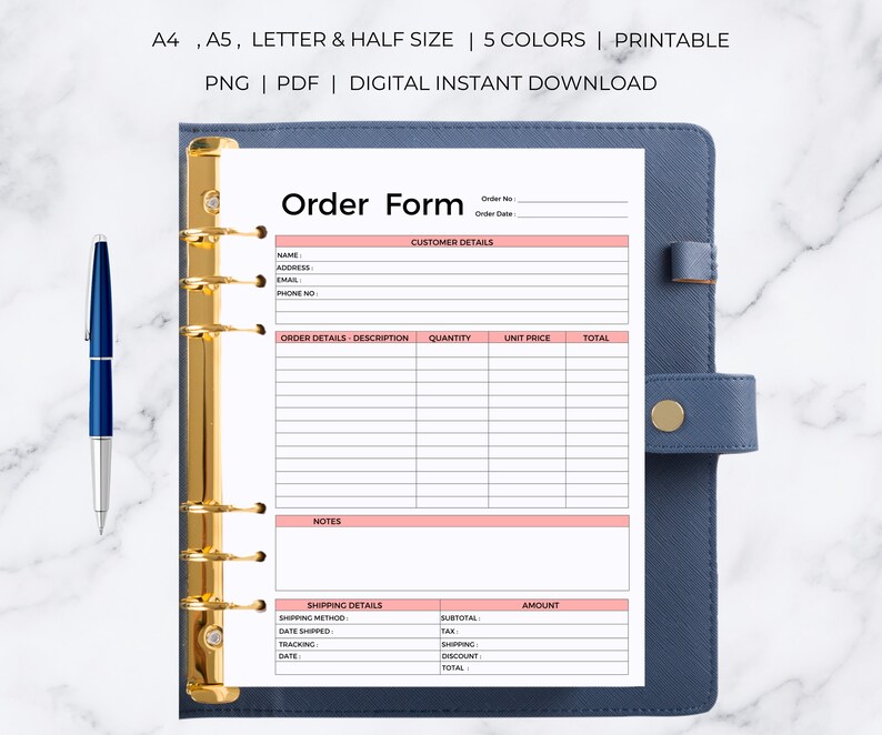 May include: Printable order form template with sections for customer details, order details, notes, and shipping details. The form has a pink and white color scheme.