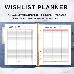 Pu&ograve; includere: Un planner di lista dei desideri stampabile con due pagine, ciascuna con colonne per l'articolo, il negozio, il prezzo e le note. Il planner &egrave; progettato per essere utilizzato con un raccoglitore e ha un raccoglitore ad anelli dorato.