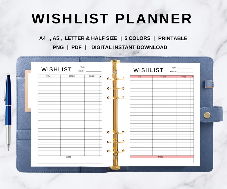 Pu&ograve; includere: Un planner di lista dei desideri stampabile con due pagine, ciascuna con colonne per l'articolo, il negozio, il prezzo e le note. Il planner &egrave; progettato per essere utilizzato con un raccoglitore e ha un raccoglitore ad anelli dorato.