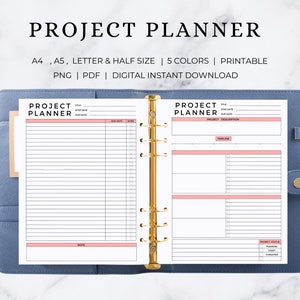 May include: A printable project planner with a pink and white color scheme. The planner has sections for project title, start date, due date, project description, timeline, and project status. The planner is available in A4, A5, letter, and half sizes.