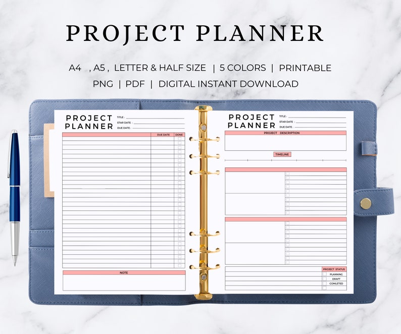 May include: A printable project planner with a pink and white color scheme. The planner has sections for project title, start date, due date, project description, timeline, and project status. The planner is available in A4, A5, letter, and half sizes.
