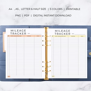 May include: Printable mileage tracker with two pages, each with a header that says "Mileage Tracker". The pages are divided into columns for "Start Odometer", "End", "Purpose", and "Miles". There is a space for a note at the bottom of each page.