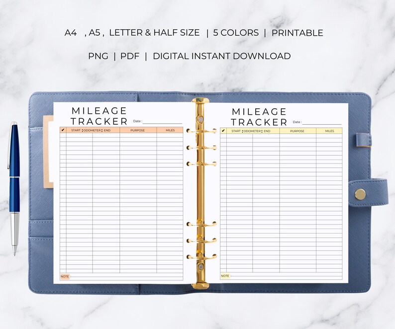 May include: Printable mileage tracker with two pages, each with a header that says "Mileage Tracker". The pages are divided into columns for "Start Odometer", "End", "Purpose", and "Miles". There is a space for a note at the bottom of each page.