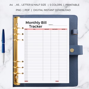 Puede incluir: Un rastreador de facturas mensual imprimible en una carpeta azul. El rastreador tiene columnas para pagado, factura, monto, fecha de vencimiento y notas. El rastreador est&aacute; dise&ntilde;ado para usarse con una carpeta de anillas.