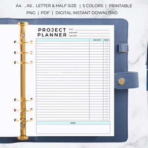 May include: A printable project planner page with a light blue header and a note section. The page is designed for a standard size binder and includes sections for title, start date, due date, and a checklist.