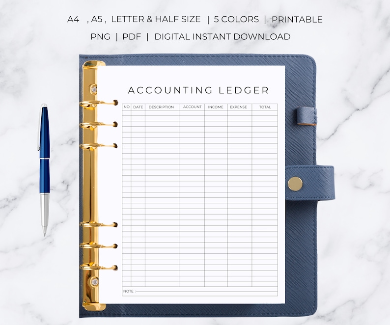 May include: A printable accounting ledger page with columns for date, description, account, income, expense, and total. The page is designed for use in a binder.