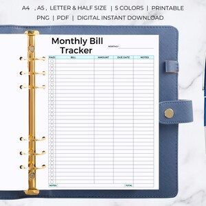 Puede incluir: Un rastreador de facturas mensual imprimible con columnas para pagado, factura, monto, fecha de vencimiento y notas. El rastreador est&aacute; dise&ntilde;ado para usarse en una carpeta y tiene una encuadernaci&oacute;n de anillos dorados.