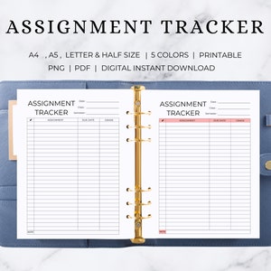 May include: A printable assignment tracker with a pink header and columns for assignment, due date, and grade. The tracker is open in a binder with gold rings.