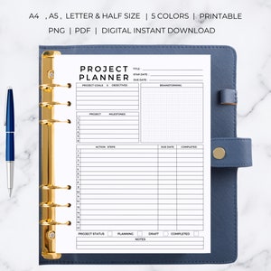 May include: A printable project planner in black and white with sections for project goals, milestones, action steps, and notes. The planner is designed for use in a binder.