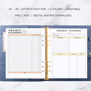 May include: Printable project planner template with a checklist, brainstorming section, task list, deadline, and status columns. The planner is designed for A4, A5, letter, and half-size paper.