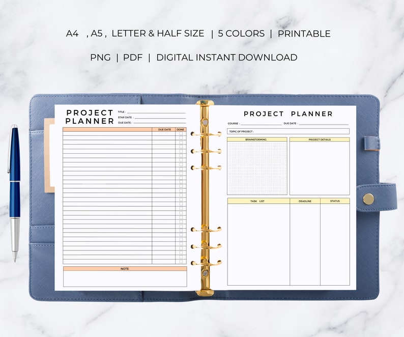 May include: Printable project planner template with a checklist, brainstorming section, task list, deadline, and status columns. The planner is designed for A4, A5, letter, and half-size paper.