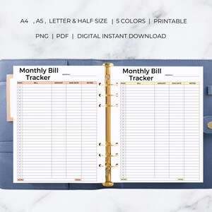 Puede incluir: Plantilla de seguimiento de facturas mensuales imprimible con columnas para pagado, factura, importe, fecha de vencimiento y notas. El seguimiento est&aacute; en una carpeta con anillas doradas.