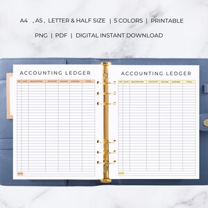 May include: Printable accounting ledger template in A4, A5, Letter, and Half sizes. The template has columns for date, description, account, income, expense, and total. The template is available in five colors and can be downloaded digitally.