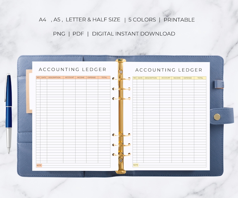 May include: Printable accounting ledger template in A4, A5, Letter, and Half sizes. The template has columns for date, description, account, income, expense, and total. The template is available in five colors and can be downloaded digitally.