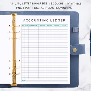 May include: Printable accounting ledger page with columns for date, description, account, income, expense, and total. The page is designed for use in a binder with a gold ring mechanism.