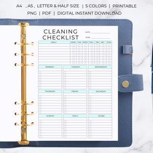 May include: Printable cleaning checklist in a light blue and white color scheme. The checklist includes daily, weekly, and monthly tasks. The checklist is designed for use in a planner or binder.