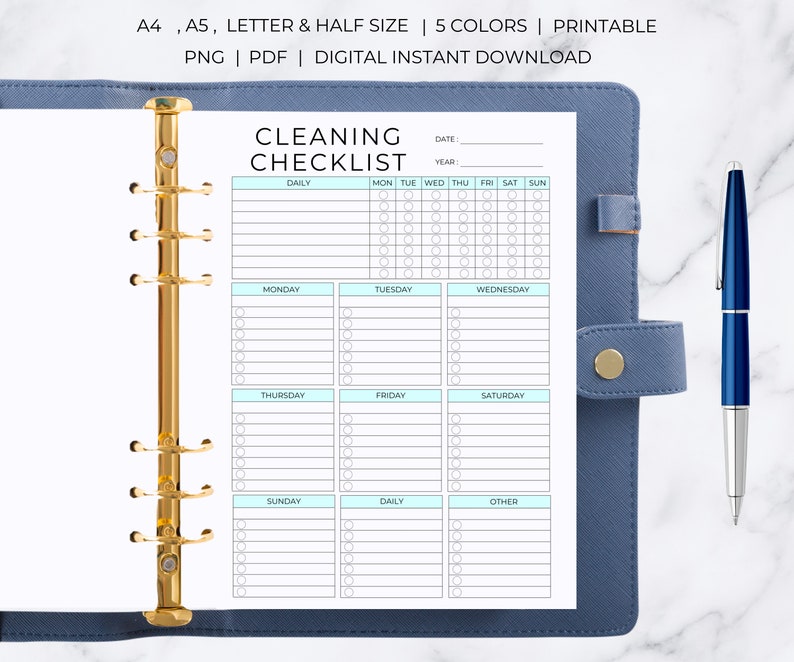 May include: Printable cleaning checklist in a light blue and white color scheme. The checklist includes daily, weekly, and monthly tasks. The checklist is designed for use in a planner or binder.
