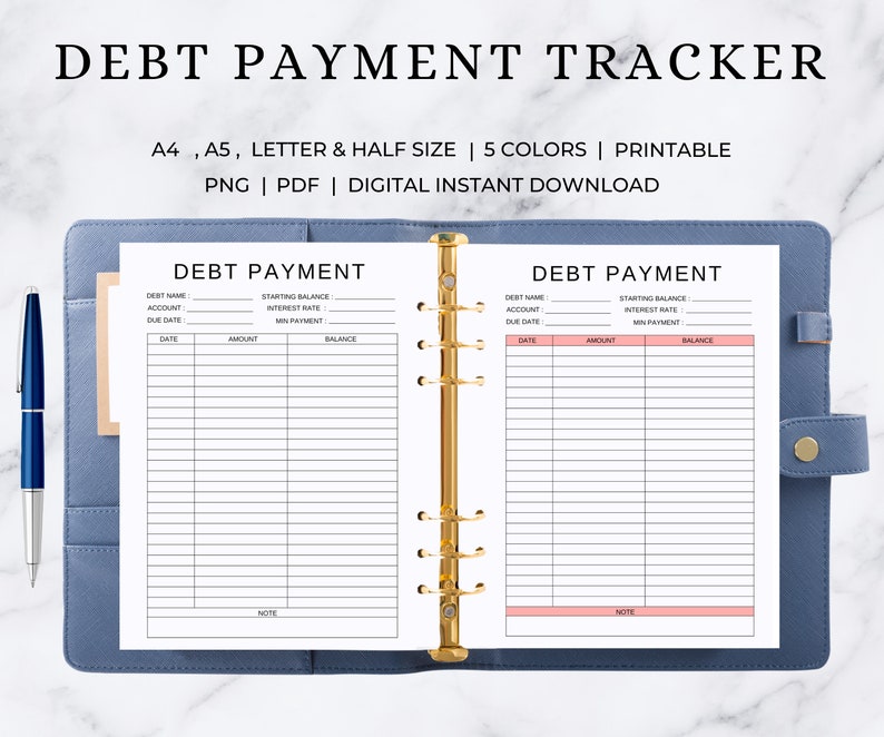 May include: Printable debt payment tracker in A4, A5, letter and half sizes. The tracker has sections for debt name, account, starting balance, interest rate, minimum payment, due date, date, amount, and balance. The tracker is available in five colors and can be downloaded digitally.