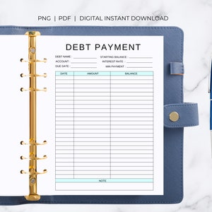 May include: A printable debt payment tracker with sections for debt name, account, due date, starting balance, interest rate, minimum payment, date, amount, balance, and a note section.
