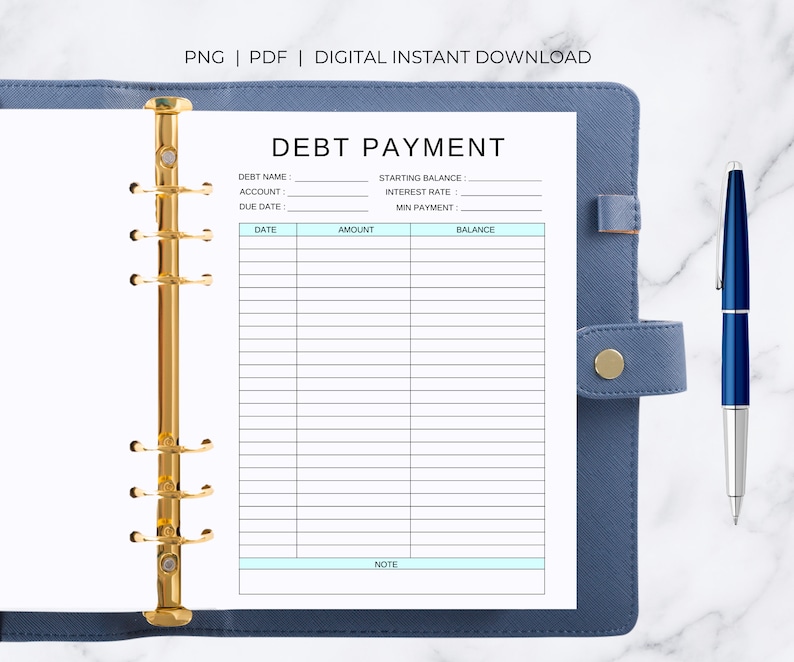 May include: A printable debt payment tracker with sections for debt name, account, due date, starting balance, interest rate, minimum payment, date, amount, balance, and a note section.