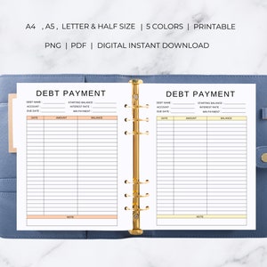 May include: Printable debt payment tracker with sections for debt name, account, starting balance, interest rate, minimum payment, due date, date, amount, balance, and notes. The tracker is designed for use in a binder.