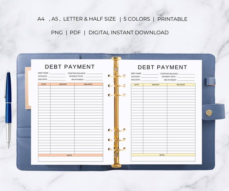 May include: Printable debt payment tracker with sections for debt name, account, starting balance, interest rate, minimum payment, due date, date, amount, balance, and notes. The tracker is designed for use in a binder.