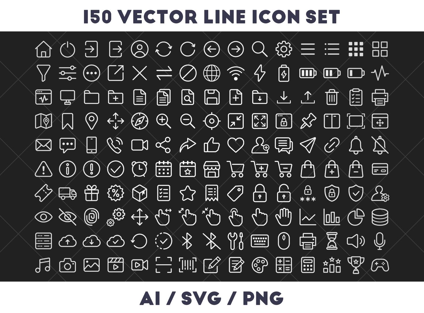 150 Icons Pack, General Icon Set, SVG Bundle Outline Icons, Simple Line ...