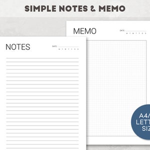 Puede incluir: Una hoja imprimible con dos secciones: "NOTES" con papel rayado y "MEMO" con un patrón de cuadrícula. Ambas secciones tienen un espacio para la fecha y el día de la semana. El texto "A4/A5 TAMAÑO CARTA" está en la esquina inferior derecha.