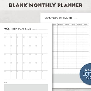 Monthly Blank Planner Printable, Two Pages Blank Monthly Calendar Printable, Undated Planner, Modern planner, Planner,  A4/A5/Letter