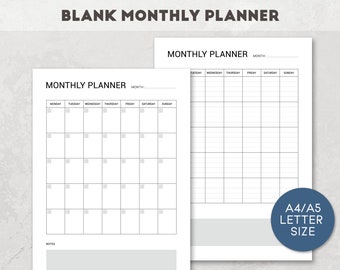 Monthly Blank Planner Printable, Two Pages Blank Monthly Calendar Printable, Undated Planner, Modern planner, Planner,  A4/A5/Letter