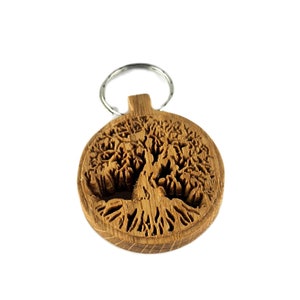 Oak Wood Tree of Life Keychain: Handcrafted, Carved, Natural Wax Finish, Unique Gift