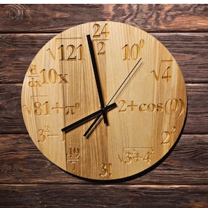Unique Ash Wood Wall Clock with Engraved Math Formulas - 30cm/12&quot; Silent Non-Ticking Mechanism, Minimalist, Custom Numeral Colors