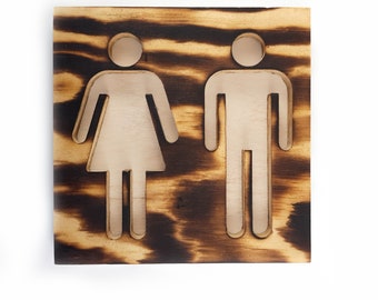 Rustic Burnt Pine Unisex Restroom Sign: Modern Wooden WC Decor for Bathroom Door & Wall, multi shape variations, circle, round corners