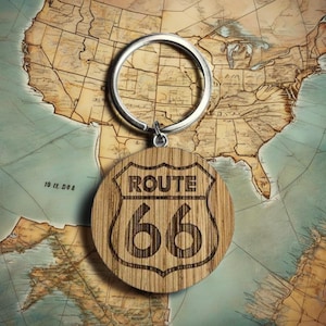 Route 66 - Oak Keychain, Personalized Keychain, Road Trip, Route 66 Key Holder, Wooden Accessories, Great Gift, Car Enthusiast Souvenir