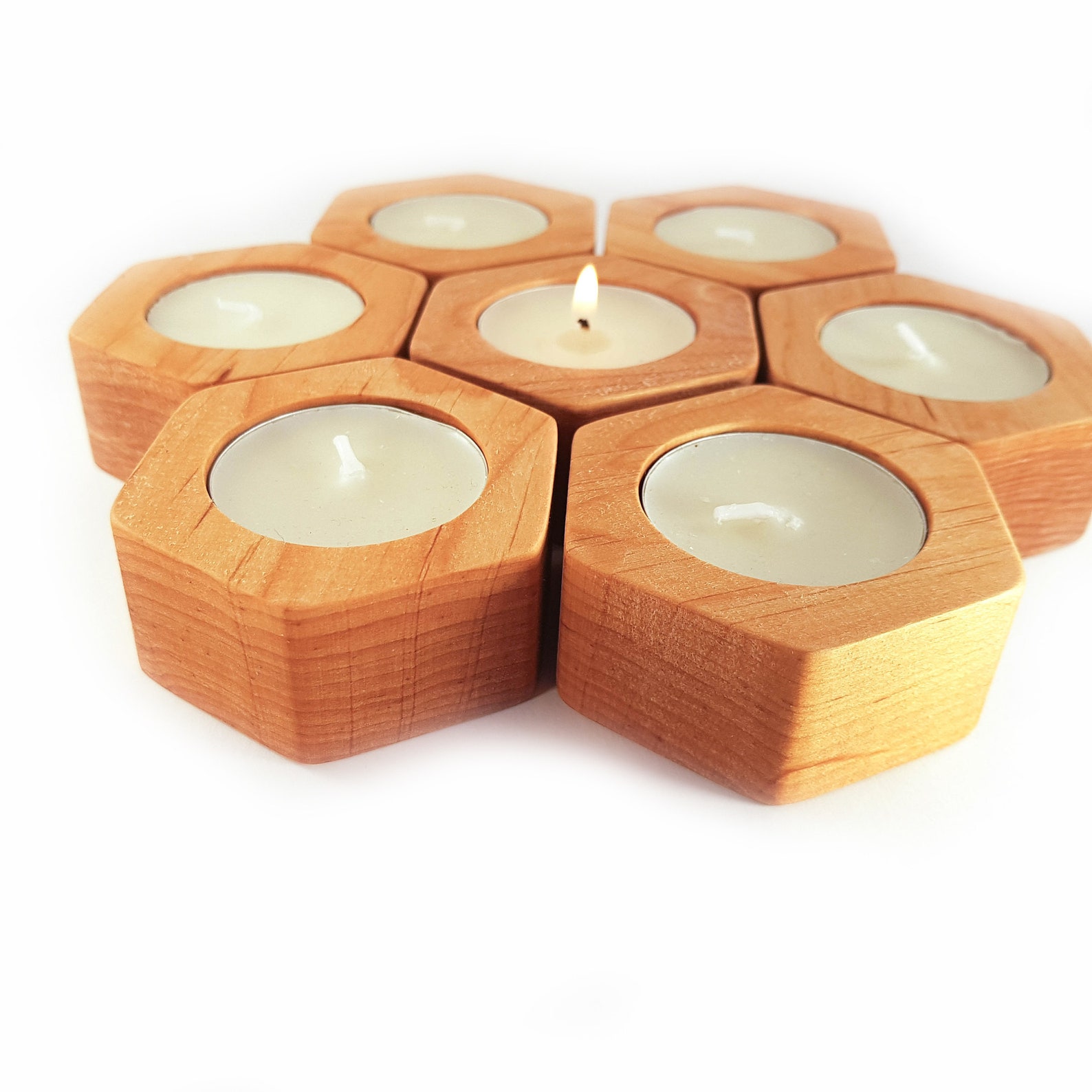 Black Alder Wood Tea Light Holders Wood Hexagon Etsy