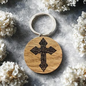 Custom Christian Cross Wooden Keychain – Engraved Religious Keyring, Faith Symbol, Christian Gift, Handcrafted Oak Keychain