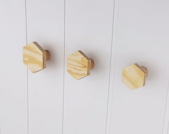 Houten muurhangers, grenen houten zeshoekige haak, moderne kapstok, gebogen multiplex haak, moderne houten hanger, decoratieve haken voor kleding.