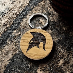 Spartan Helmet Wooden Keychain – Engraved Warrior Keyring, Handmade Oak Keychain, Ancient Greece Gift, Personalized Keepsake