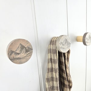 Birch Wooden Hooks with Mountain and Forest Engraving - Modern Wall Mounted Coat Rack, Decorative Hangers for Hats, Scarfs, Bags, Towels