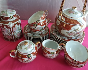 Japanese Antique 22 items| Finest Porcelain Tea Set | Porcelain Teapot, Plates, Creamer, Sugar Bows, Tea Cups and Saucer | Geisha Lithophane