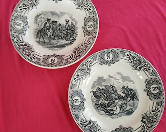 2 Napoleon army soldier battle scene porcelain boch marked plates