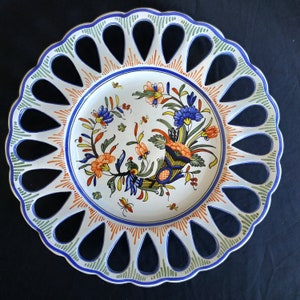 Gorgeous 19th Century Rouen Pottery/Handmade/Decor.Majolica Floral Plate.old openwork earthenware plate decorated with the Rouen horn signed