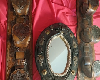 Bottle holder on the wall made of genuine rough leather and a mirror in the same style.decor on the wall.ranch.holder.mirror.(3 pcs.)