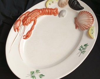 Large Seafood Plate Italian Pottery Vintage Seafood Dish Fish Serving Plate Lobster Dish Italy 70s