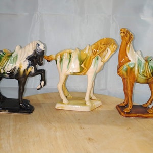 3 pieces Chinese, Antique War Horse, Porcelain ornament. Sankai glazed ceramic horses. Tang style horse. Vintage Tang Sancai Porcelain