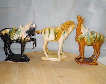 3 pieces Chinese, Antique War Horse, Porcelain ornament. Sankai glazed ceramic horses. Tang style horse. Vintage Tang Sancai Porcelain